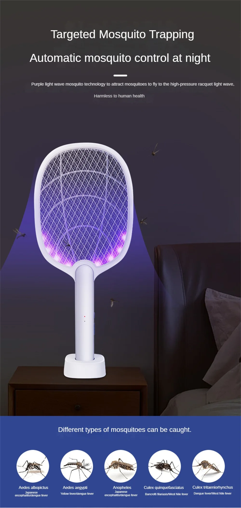 2 IN 1 Electric Mosquito Swatter Mosquito Killer 2500V USB Rechargeable Angle Not Adjustable Electric Bug Zapper Fly Bat Swatter