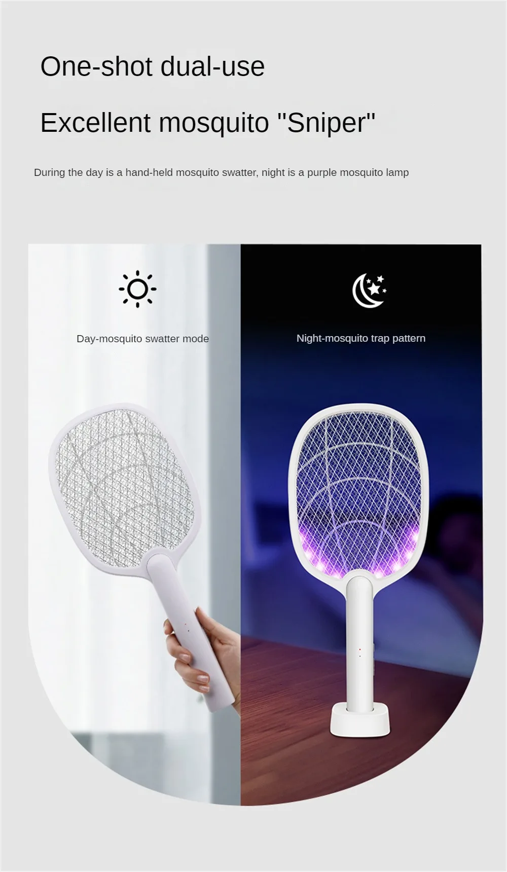 2 IN 1 Electric Mosquito Swatter Mosquito Killer 2500V USB Rechargeable Angle Not Adjustable Electric Bug Zapper Fly Bat Swatter