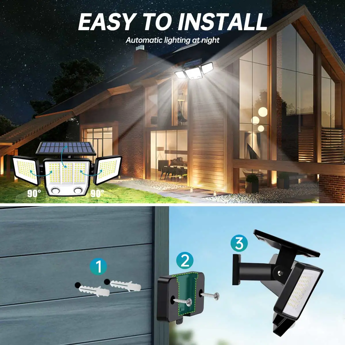 Solar Lights Outdoor Waterproof Super Bright Cordless Solar Motion Sensor Light 3 Adjustable Heads 270° Wide Angle Illumination