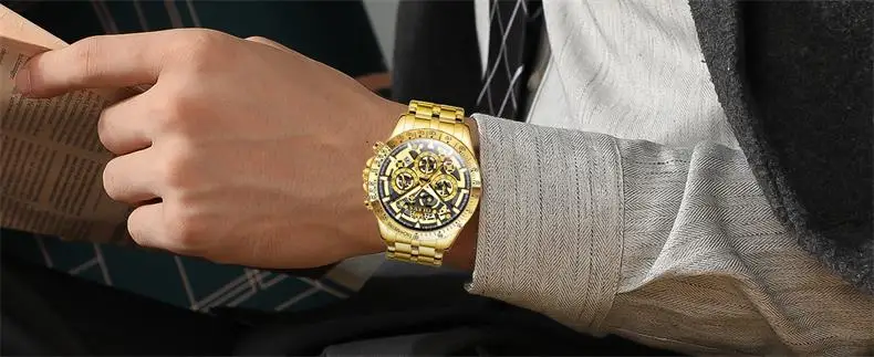 OLEVS Men's Watches Gold Luxury Hollow Out Style Original Quartz Watch for Man Waterproof Luminous Chronograph Date 24 Hours