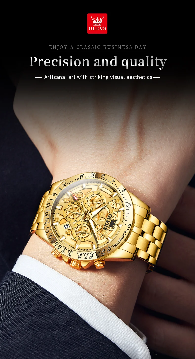 OLEVS Men's Watches Gold Luxury Hollow Out Style Original Quartz Watch for Man Waterproof Luminous Chronograph Date 24 Hours