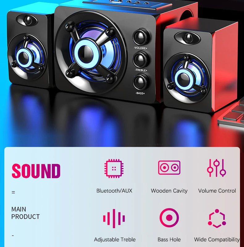 HIFI 3D Stereo Alto-falantes Coloridos LED Luz Pesada AUX USB Com Fio Sem Fio Bluetooth Áudio Home Theater Surround Som Bar TV