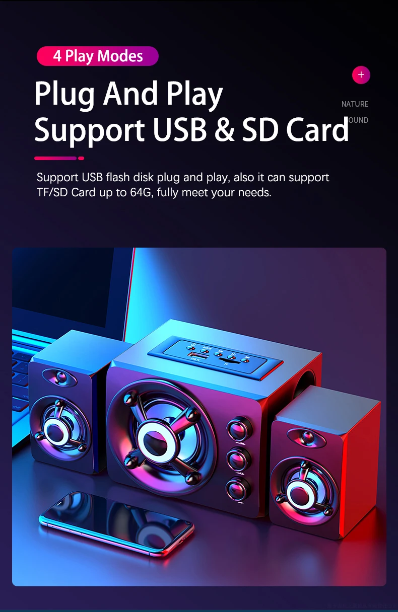 HIFI 3D Stereo Alto-falantes Coloridos LED Luz Pesada AUX USB Com Fio Sem Fio Bluetooth Áudio Home Theater Surround Som Bar TV