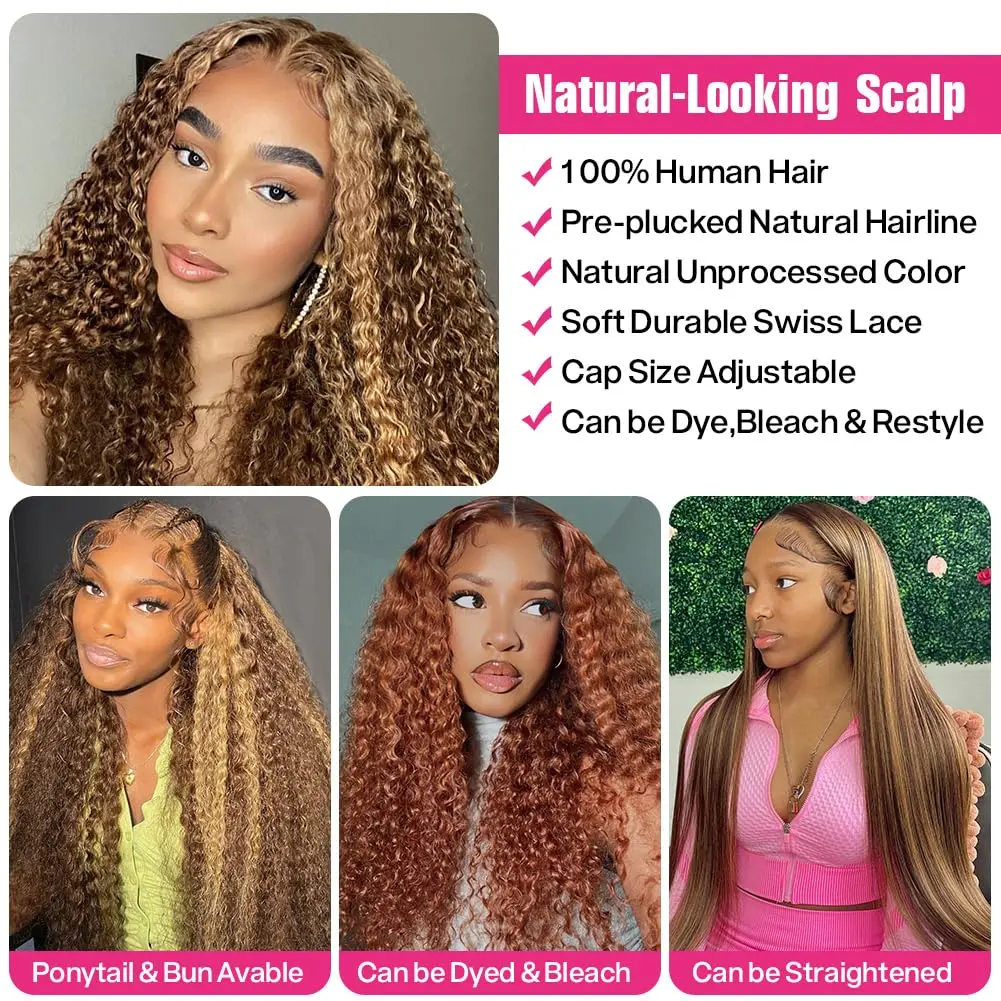 Highlight 13×6 Lace Frontal Wig Human Hair Brazilian Curly Wigs For Women Deep Water Wave HD Lace Wig Transparent Colored Hair Human Hair Smart Shop