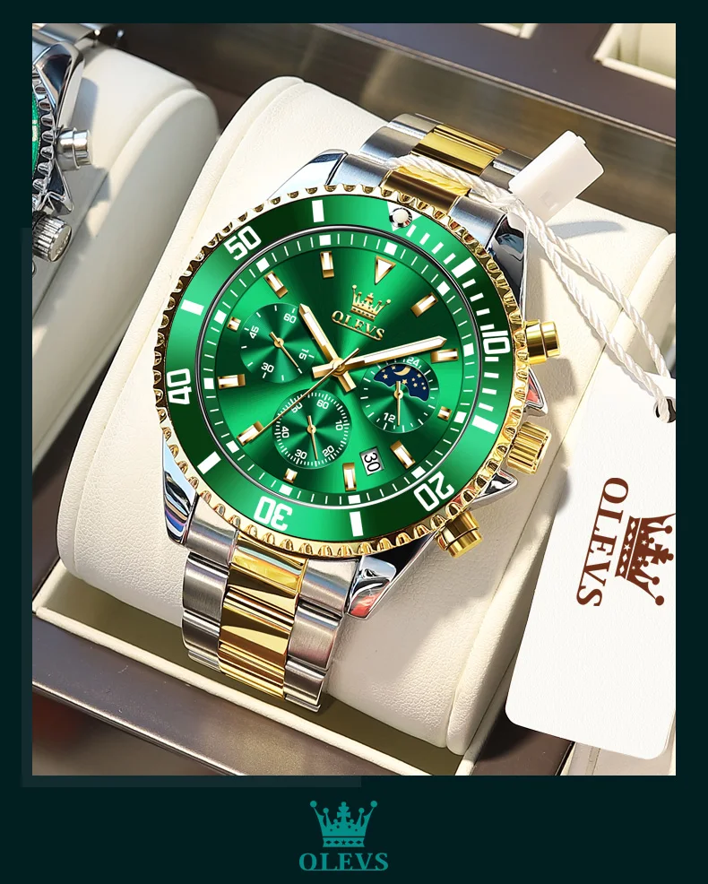 OLEVS Men's Watches Top Brand Luxury Watch for Men Original Waterproof Stainless Steel Chronograph Moon Phase Date Rota Dial