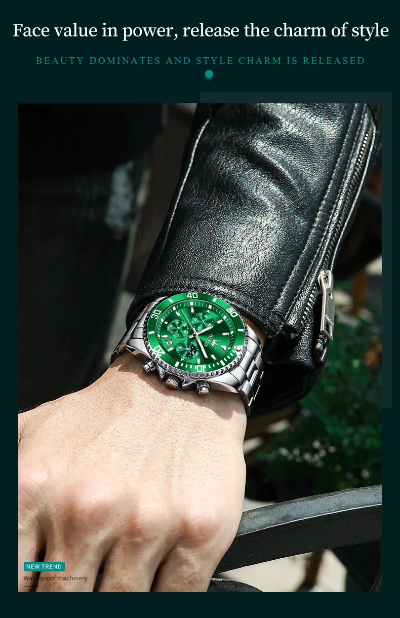 OLEVS Men's Watches Top Brand Luxury Watch for Men Original Waterproof Stainless Steel Chronograph Moon Phase Date Rota Dial