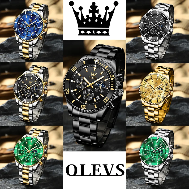 OLEVS Men’s Watches Top Brand Luxury Watch for Men Original Waterproof Stainless Steel Chronograph Moon Phase Date Rota Dial Smart Shop Smart Watches