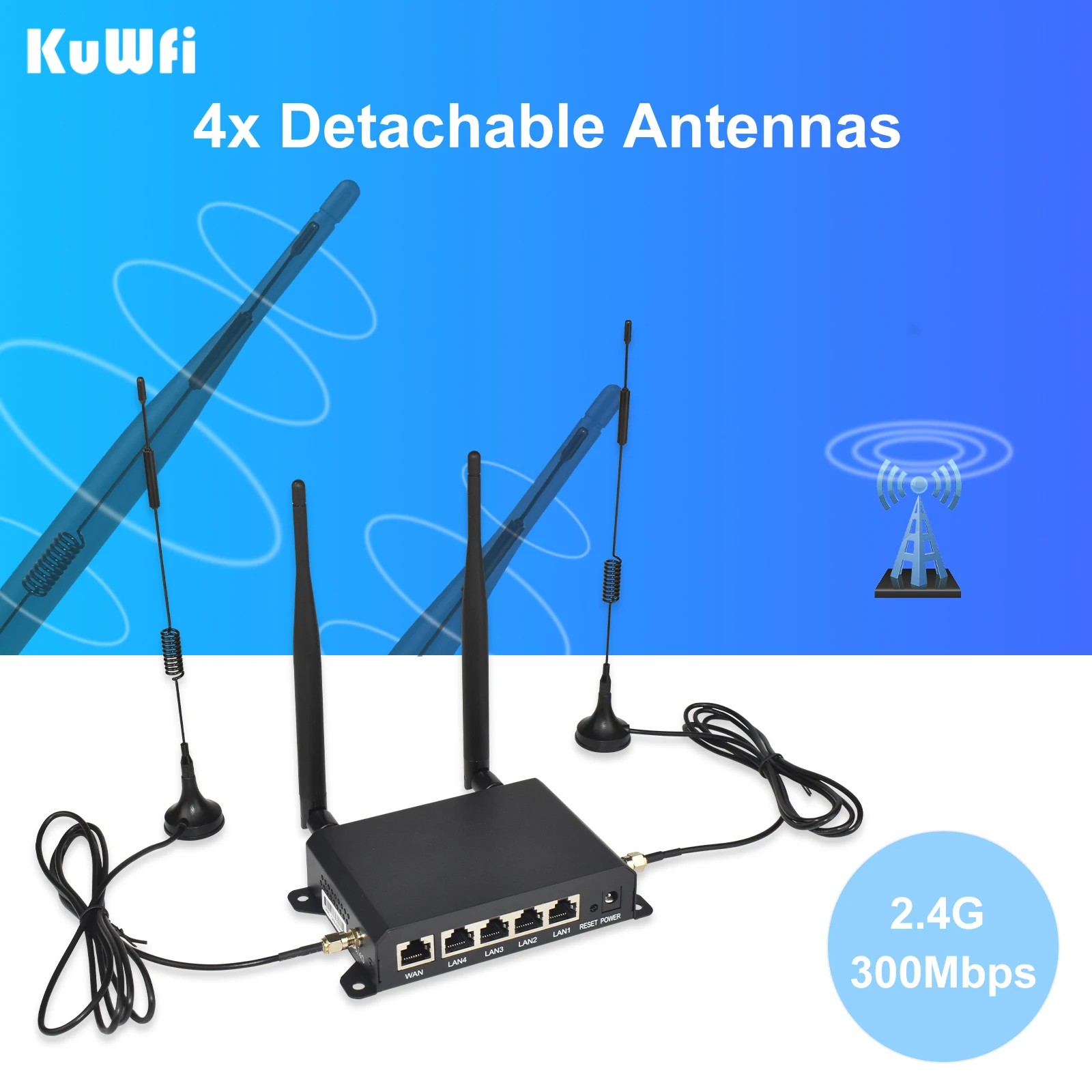 KuWFi 300Mbps CAT4 4G LTE Router Wireless WiFi Router 4pcs Detachable Antennas with WAN LAN RJ45 Port AP Repeater Mode USIM Slot