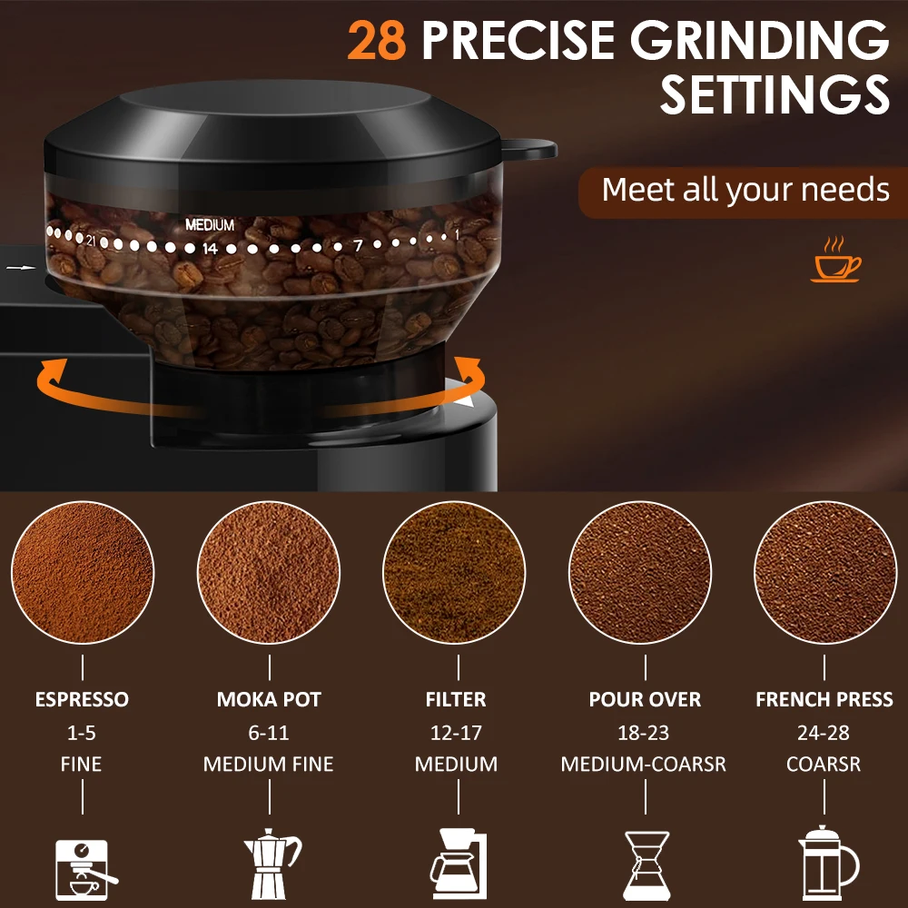 Automatic Burr Mill Coffee Grinder Electric Coffee Bean Grinding With 28 Adjustable Gears for Espresso French Press Drip Coffee Kitchenware Smart Shop