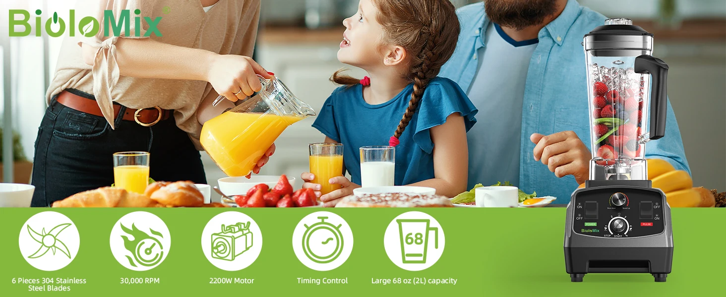 BioloMix 3HP 2200W Heavy Duty Grade Timer Blender Mixer Juicer Fruit Food Processor Ice Smoothies BPA Free 2L Jar