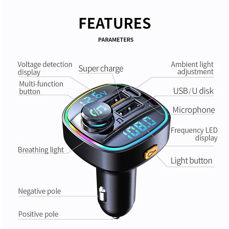 Bluetooth 5.0 FM Transmitter Handsfree Car Radio Modulator MP3 Player With 22.5W USB Super Quick Charge Adapter for Car Uncategorized