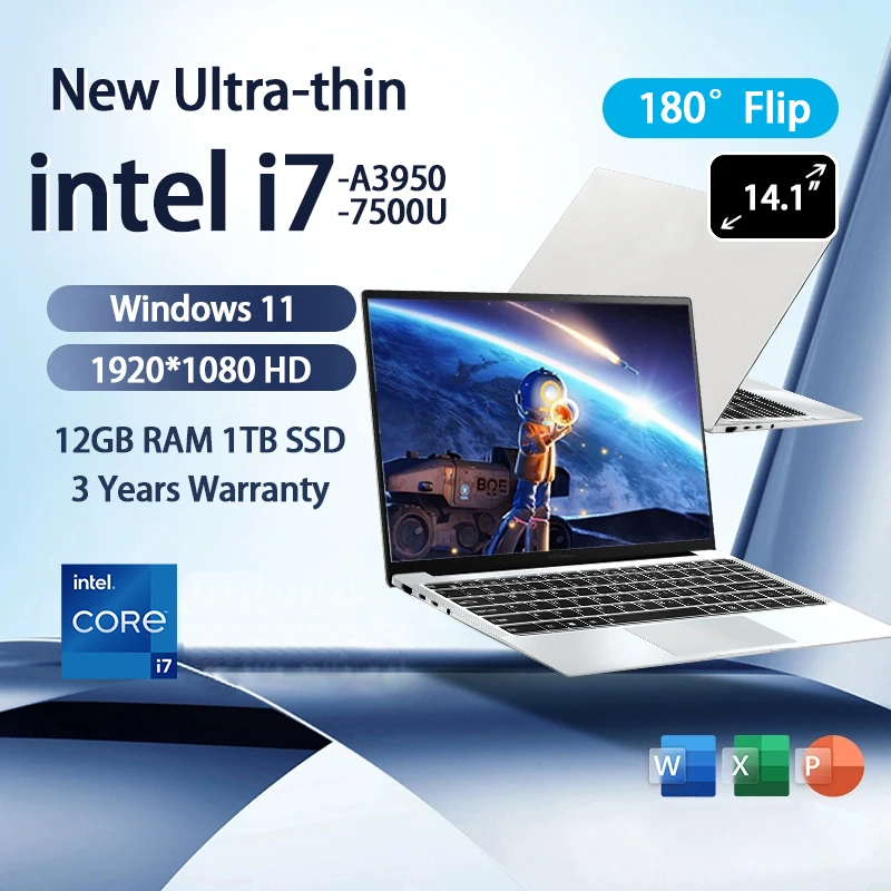 NEW 14.1” Slim Office Laptop Intel i7-7500U Windows 11 12GB RAM 1TB 2TB SSD 1920*1080 Study Computer PC Intel A3950 NotebooK Smart Laptops Smart Shop