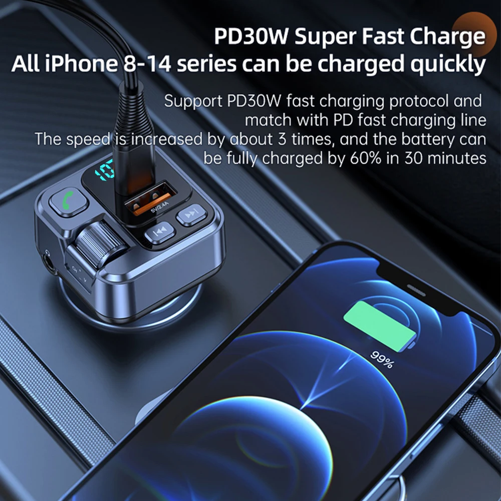 Car Bluetooth Receiver USB U Disk Read PD20w Fast Charging Digital Display Car Mobile Phone Adapter FM Transmiter For Cellphones Phone Accessories Smart Shop