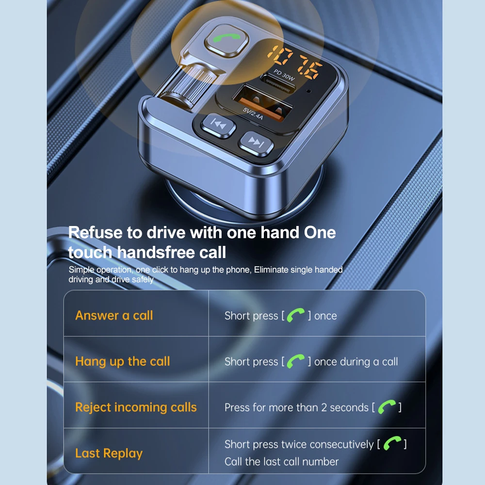 Car Bluetooth Receiver USB U Disk Read PD20w Fast Charging Digital Display Car Mobile Phone Adapter FM Transmiter For Cellphones