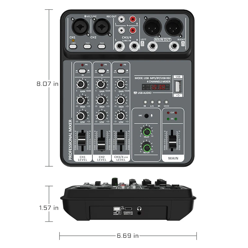 4 Channel Audio Mixer 48V Phantom Power USB Studio Sound Mixers Bluetooth DJ Console Mixing for Karaok Smart Devices Smart Shop