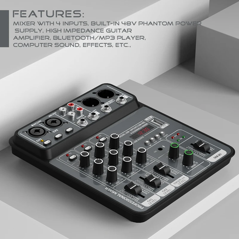4 Channel Audio Mixer 48V Phantom Power USB Studio Sound Mixers Bluetooth DJ Console Mixing for Karaok Smart Devices Smart Shop