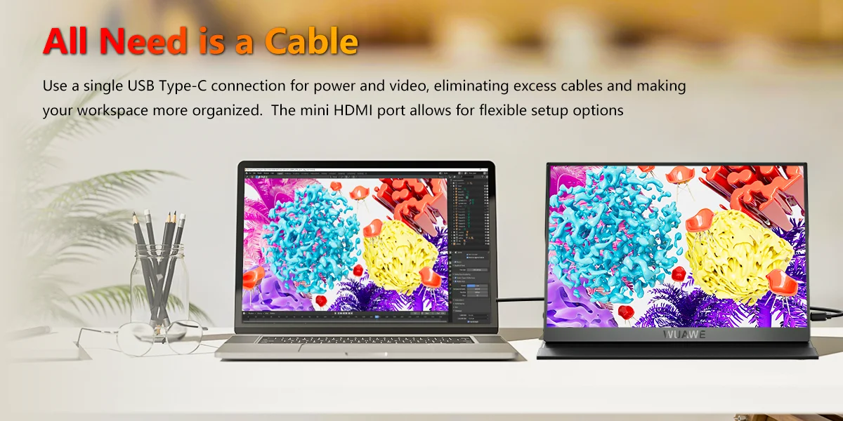 15.6 inch WUAWE Portable Monitor for Laptop,16:9 1080P 60HZ Gaming IPS Display LCD FHD External Second Computer Screen for Phone