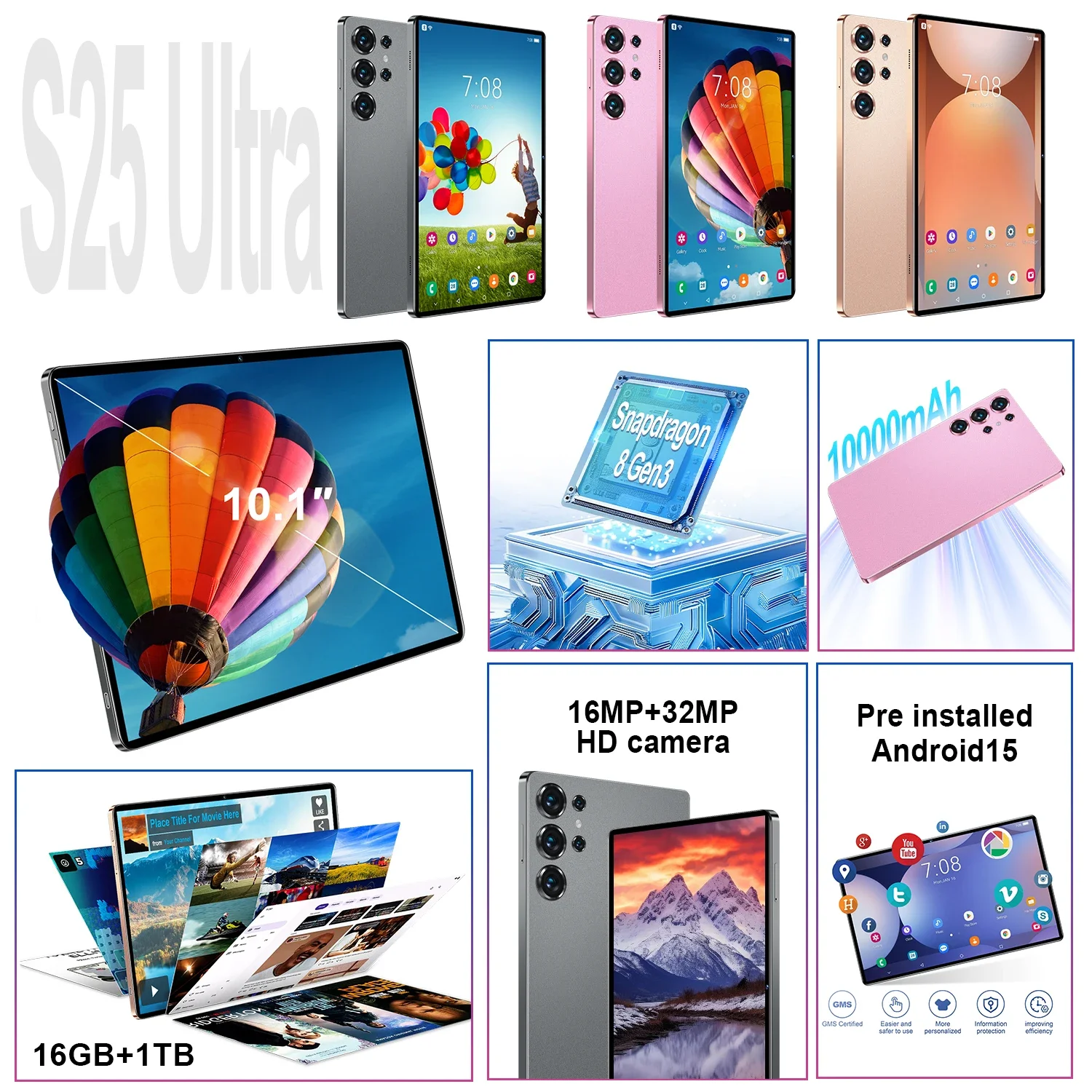 2025 New S25 Ultra+ Tablets Android 15 Snapdragon 8 Gen3 10.1 inch 5G Dual SIM Tablette 10000mAh 10core Global Version Tab WIFI