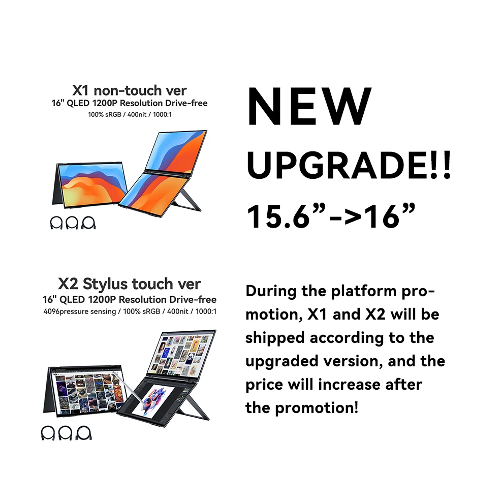 EHOMEWEI Dual Screen Portable Monitor X Series Drive-free Phone-touch FHD 2K 15.6“  16“ For Laptop Windows Macbook