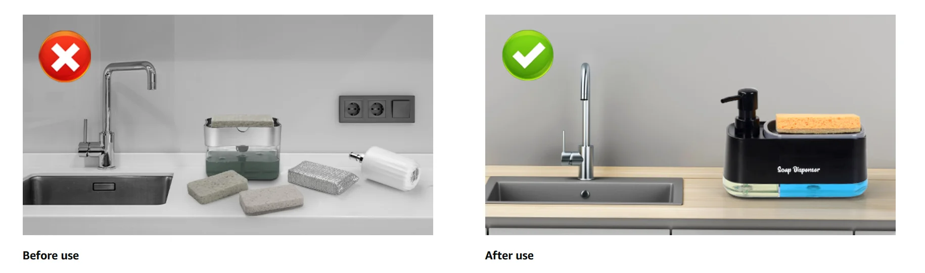 Hand and Dish Soap Dispenser Set Detergent Dispenser Sponge Holder 2-in-1 Countertop Soap Pump Dispenser for Kitchen Sink