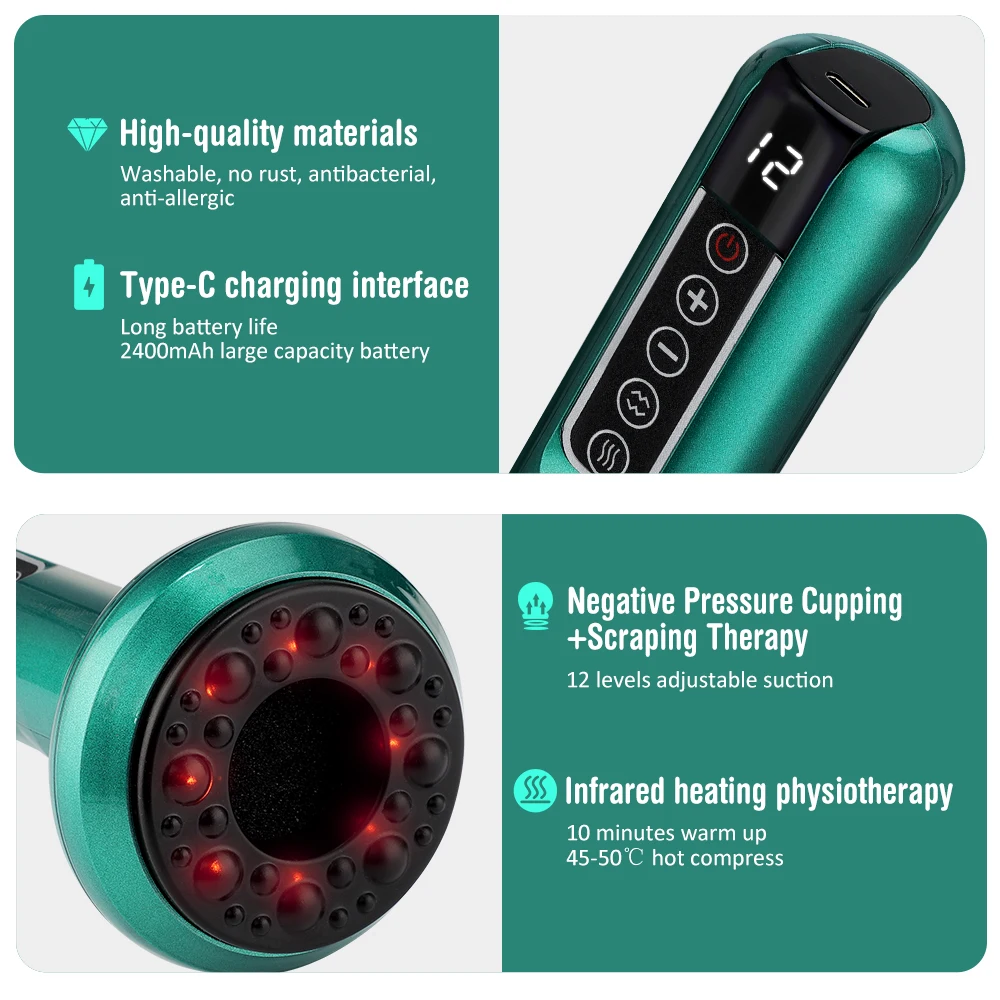 Rechargeable Electric Cupping Massager Vacuum Suction with Infrared Heat GuaSha Anti Cellulite Slimming for Body Back Leg