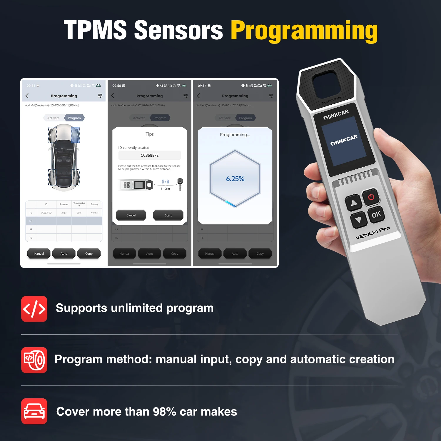 THINKCAR VENU i-Pro TPMS Car Tire Pressure Diagnostic Tools Activate Programming Relearn Sensors for 315MHz/433MHz