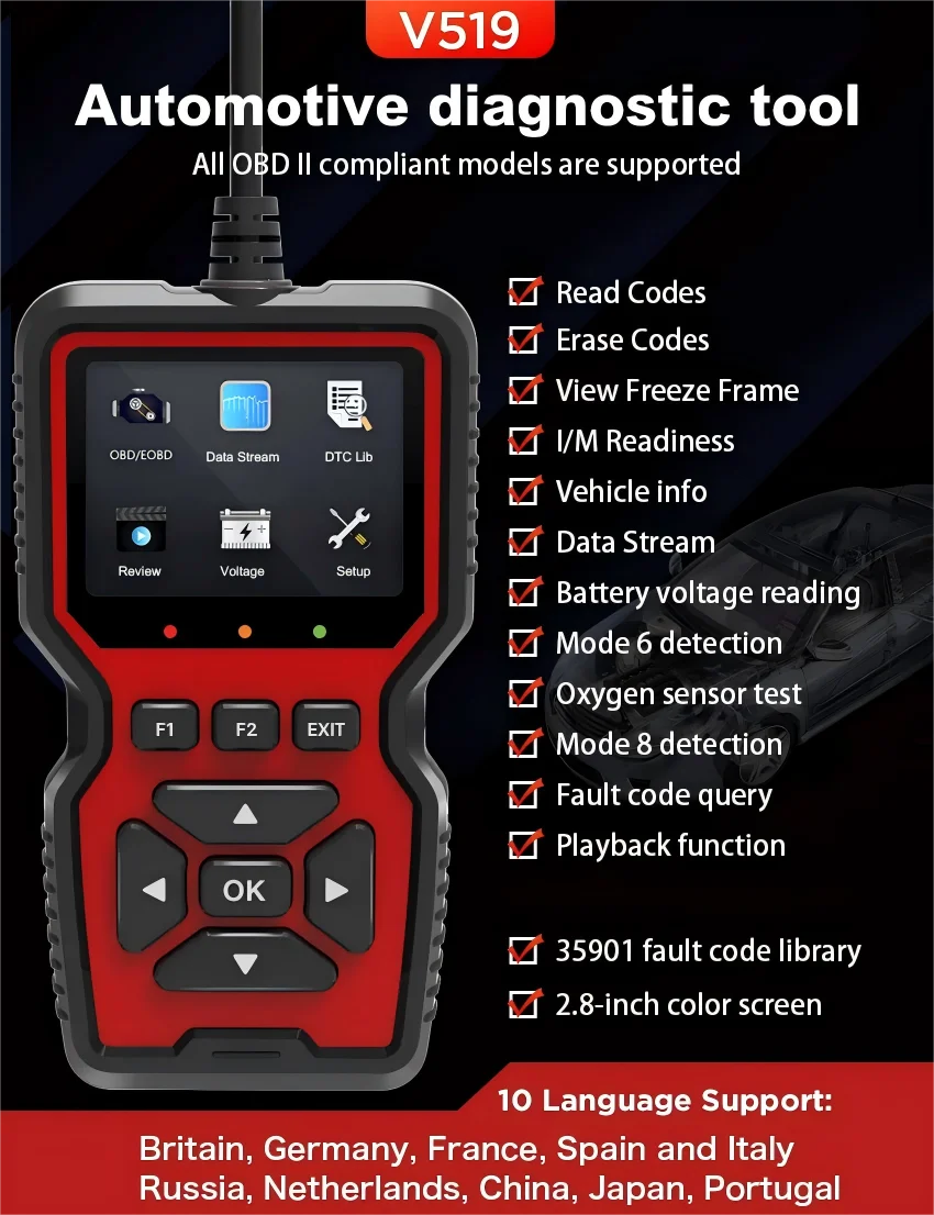 Car OBD2 Scanner Diagnostic Tool V519 Multi-language OBDII Car Voltage Tester Engine Fault Code Scanner Car Code Reader