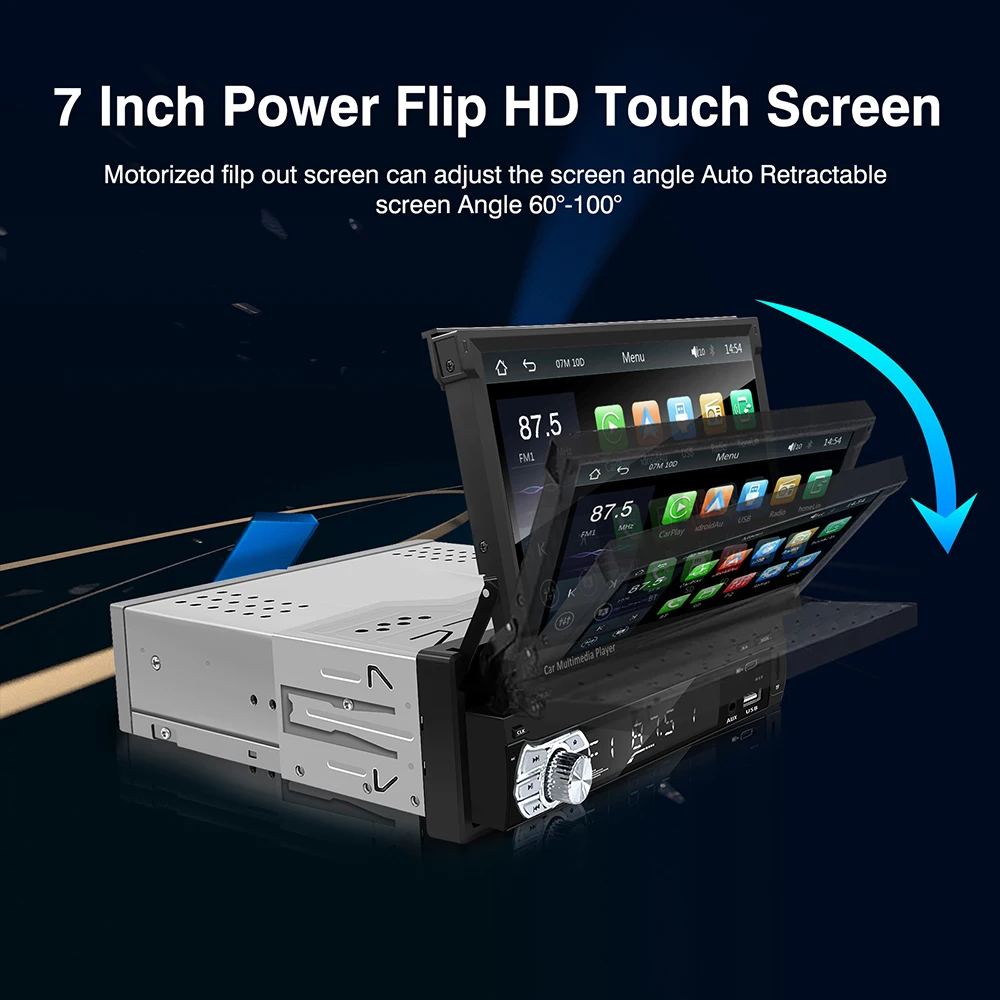 Carplay Android Auto Universal 1 Din MP5 Player 7 Inch Retractable Touch Screen Car Player HD FM AUX Input BT Radio Mirror Link