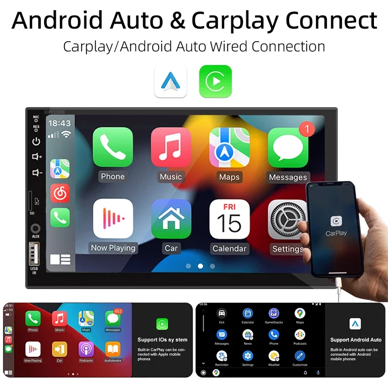 Hippcron 7inch Car Radio 1 Din CarPlay Android Auto Universal MP5 Player Auto Audio USB TF Bluetooth Support Rear View Camera