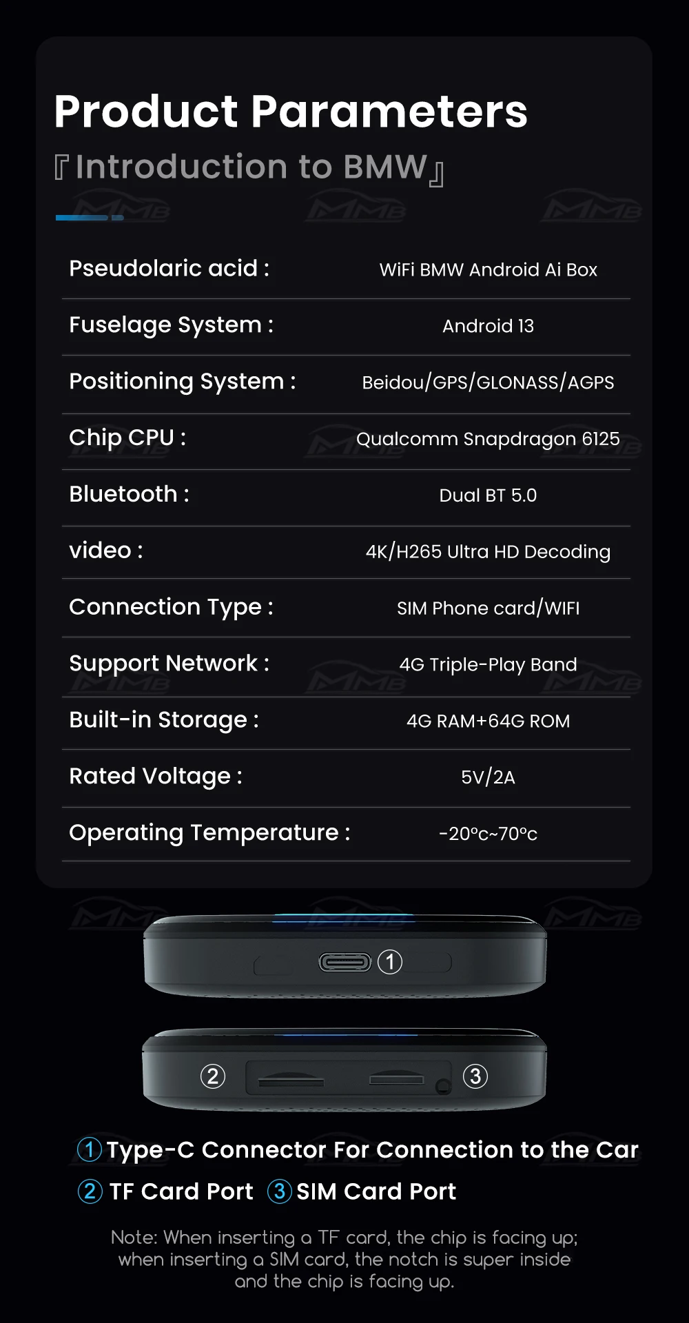 NEW MMB Android13 Qualcomm 6125 8-Cores AI Box Wireless Multimedia CarPlay Adapter Bluetooth 5.2 GPS 8+128G Auto Connect For BMW