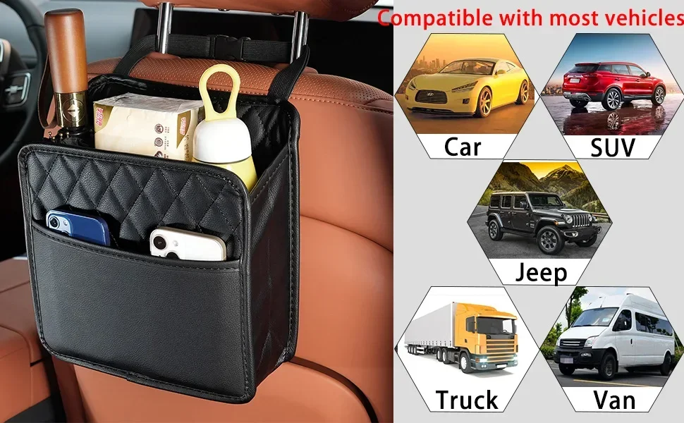 Multi-functional car seat back storage bag Leather storage bag Garbage bag Storage bag Garbage can storage for most models