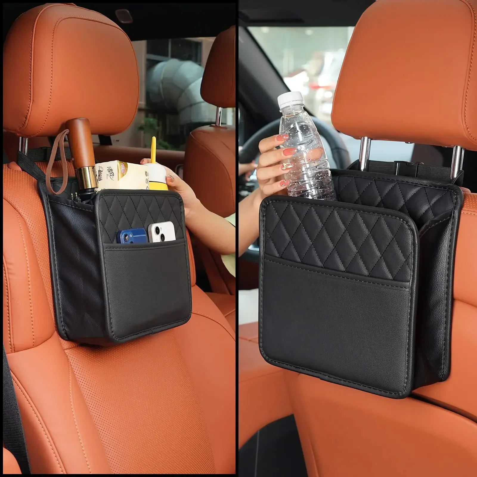 Multi-functional car seat back storage bag Leather storage bag Garbage bag Storage bag Garbage can storage for most models