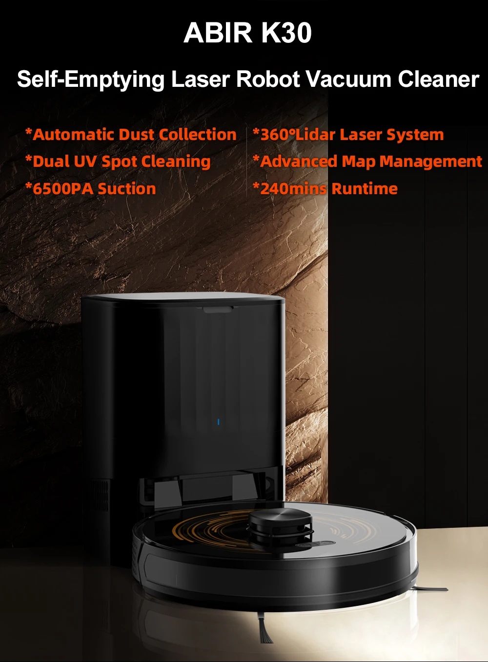 Robot Vacuum Cleaner ABIR K30,Auto-empty Dock,UV Spot Cleaning,6500PA Suction,Multi-floor Map,Customized Wet Dry Room Cleaning,