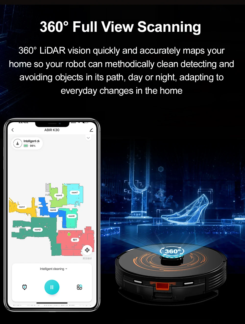 Robot Vacuum Cleaner ABIR K30,Auto-empty Dock,UV Spot Cleaning,6500PA Suction,Multi-floor Map,Customized Wet Dry Room Cleaning,
