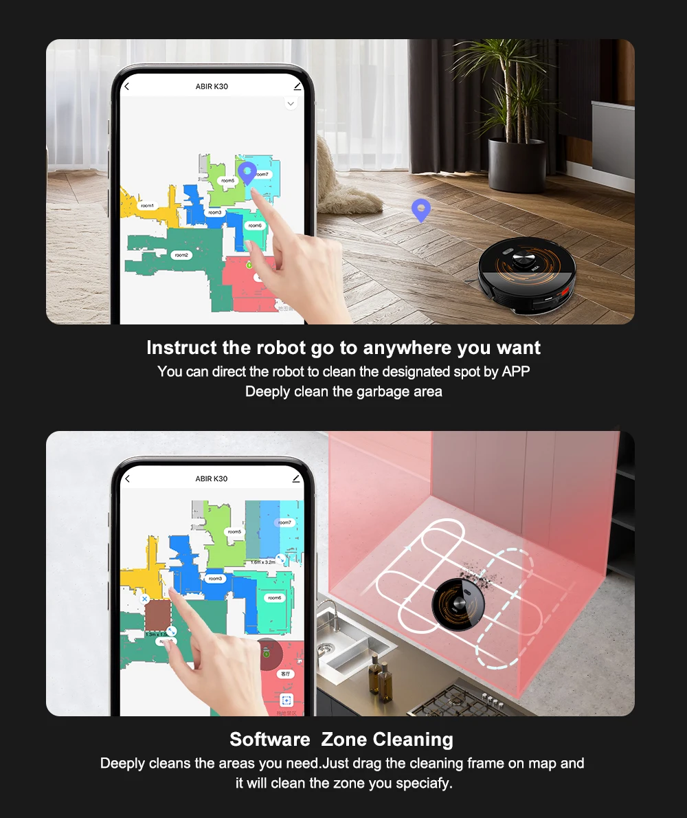 Robot Vacuum Cleaner ABIR K30,Auto-empty Dock,UV Spot Cleaning,6500PA Suction,Multi-floor Map,Customized Wet Dry Room Cleaning,