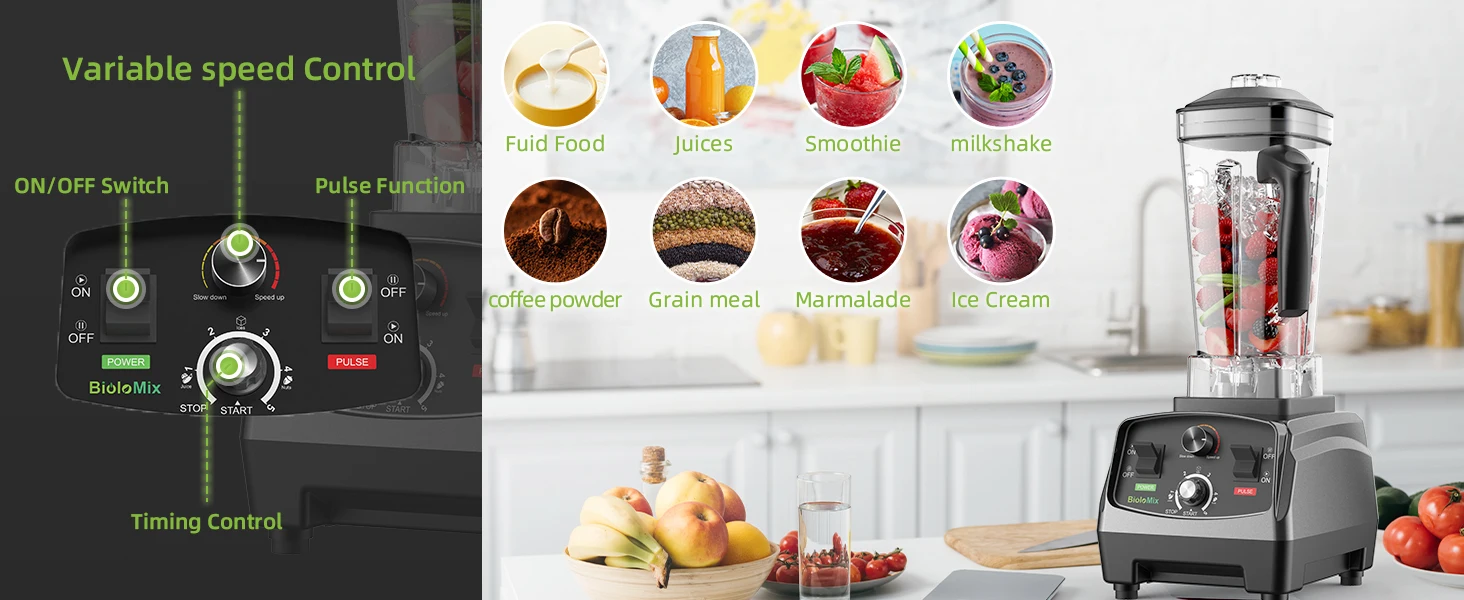 BioloMix 3HP 2200W Heavy Duty Grade Timer Blender Mixer Juicer Fruit Food Processor Ice Smoothies BPA Free 2L Jar