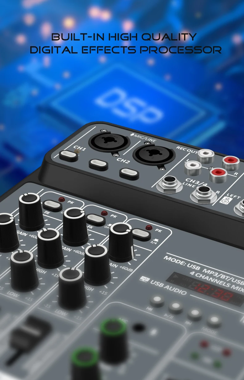 4 Channel Audio Mixer 48V Phantom Power USB Studio Sound Mixers Bluetooth DJ Console Mixing for Karaok 4 Channel Audio Mixer 48V Phantom Power USB Studio Sound Mixers Bluetooth DJ Console Mixing for Karaok