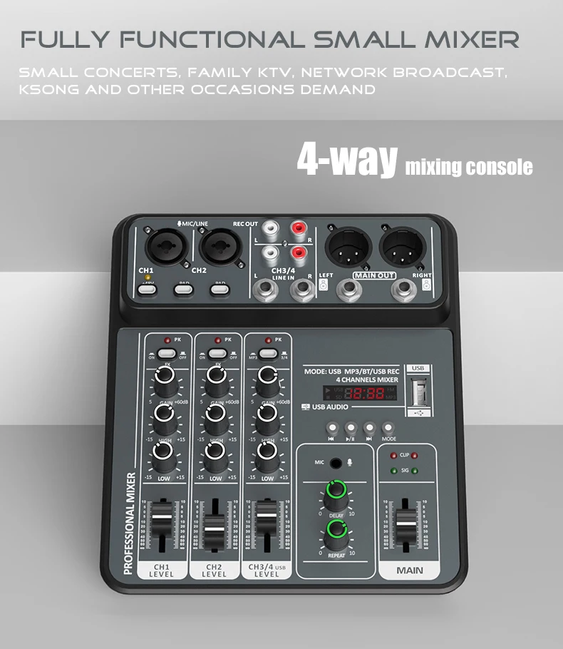 4 Channel Audio Mixer 48V Phantom Power USB Studio Sound Mixers Bluetooth DJ Console Mixing for Karaok 4 Channel Audio Mixer 48V Phantom Power USB Studio Sound Mixers Bluetooth DJ Console Mixing for Karaok