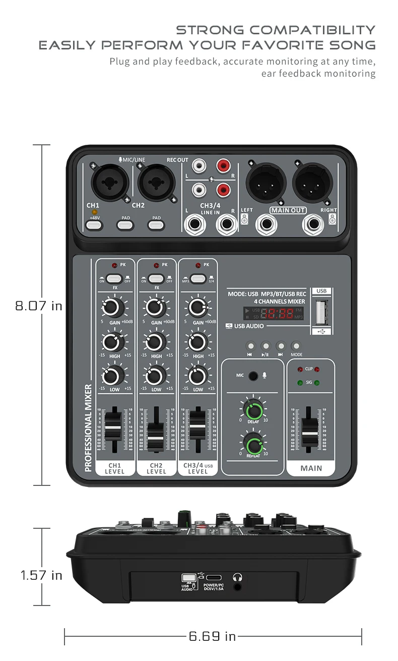 4 Channel Audio Mixer 48V Phantom Power USB Studio Sound Mixers Bluetooth DJ Console Mixing for Karaok 4 Channel Audio Mixer 48V Phantom Power USB Studio Sound Mixers Bluetooth DJ Console Mixing for Karaok