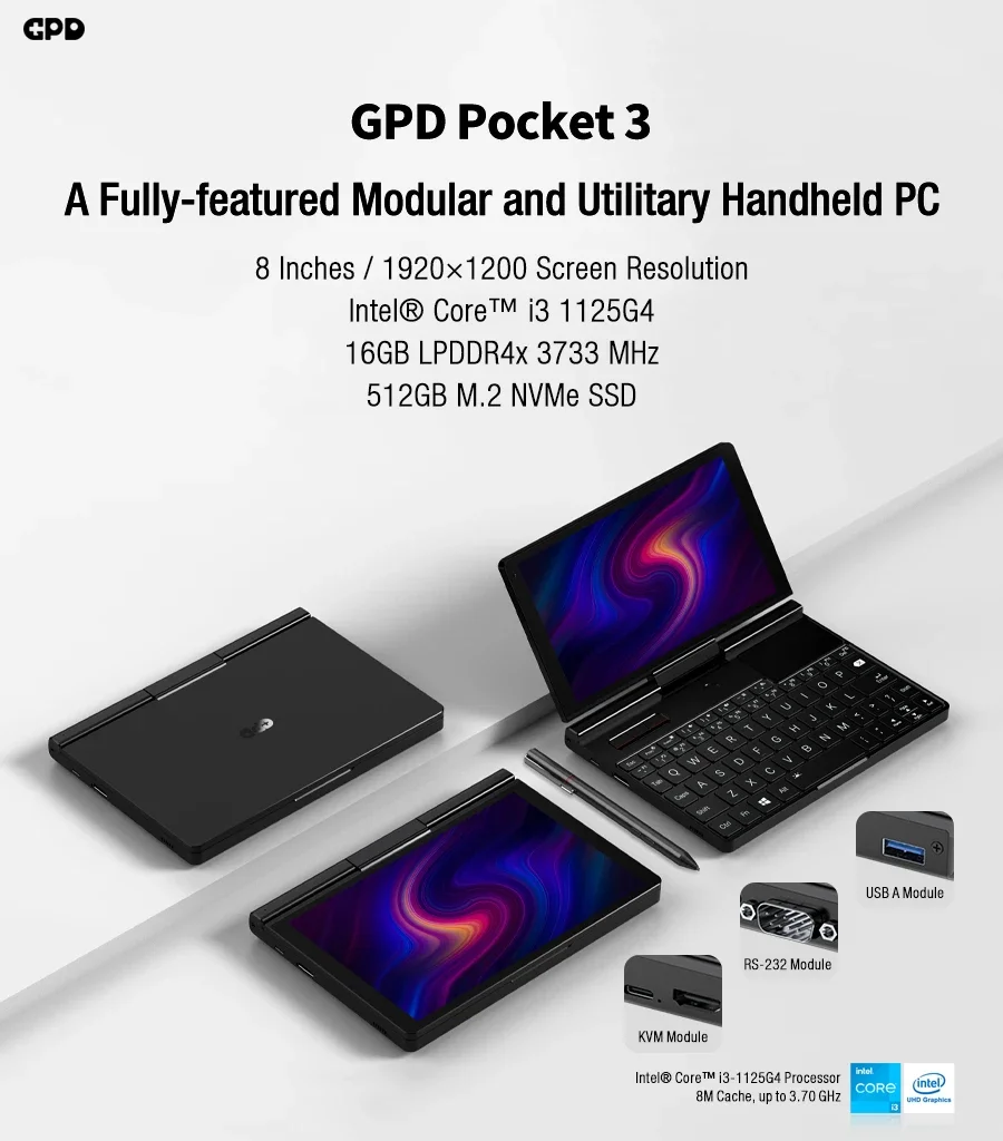 GPD Pocket 3 Intel pentium Gold 7505RAM 16GB RAM 12GB SSD Hard Disk Windows 11 Home Laptop Notebook Mini PC Touch Screen GPD Pocket 3 Intel pentium Gold 7505RAM 16GB RAM 12GB SSD Hard Disk Windows 11 Home Laptop Notebook Mini PC Touch Screen