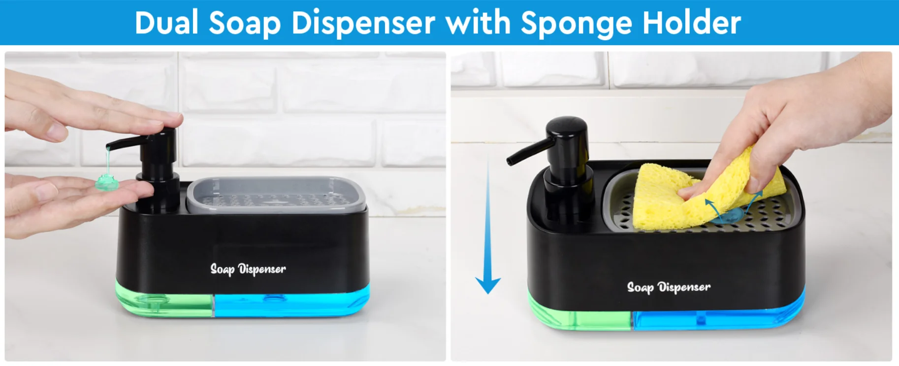 Hand and Dish Soap Dispenser Set Detergent Dispenser Sponge Holder 2-in-1 Countertop Soap Pump Dispenser for Kitchen Sink