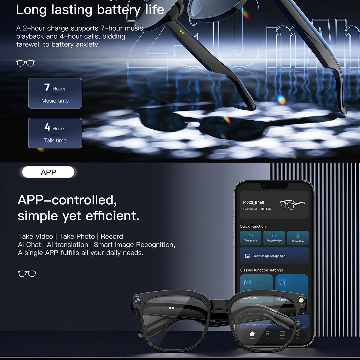 AI Smart Glasses Camera Glasses For Men HD 800W Pixels Multifunction Translation Bluetooth Music Touch Call Sports Sunglasses