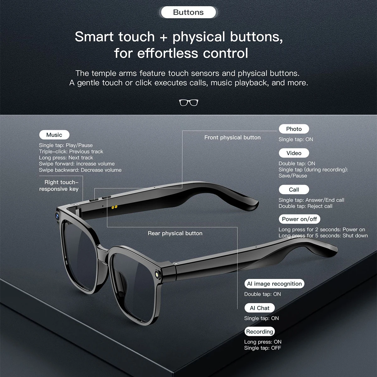 AI Smart Glasses Camera Glasses For Men HD 800W Pixels Multifunction Translation Bluetooth Music Touch Call Sports Sunglasses