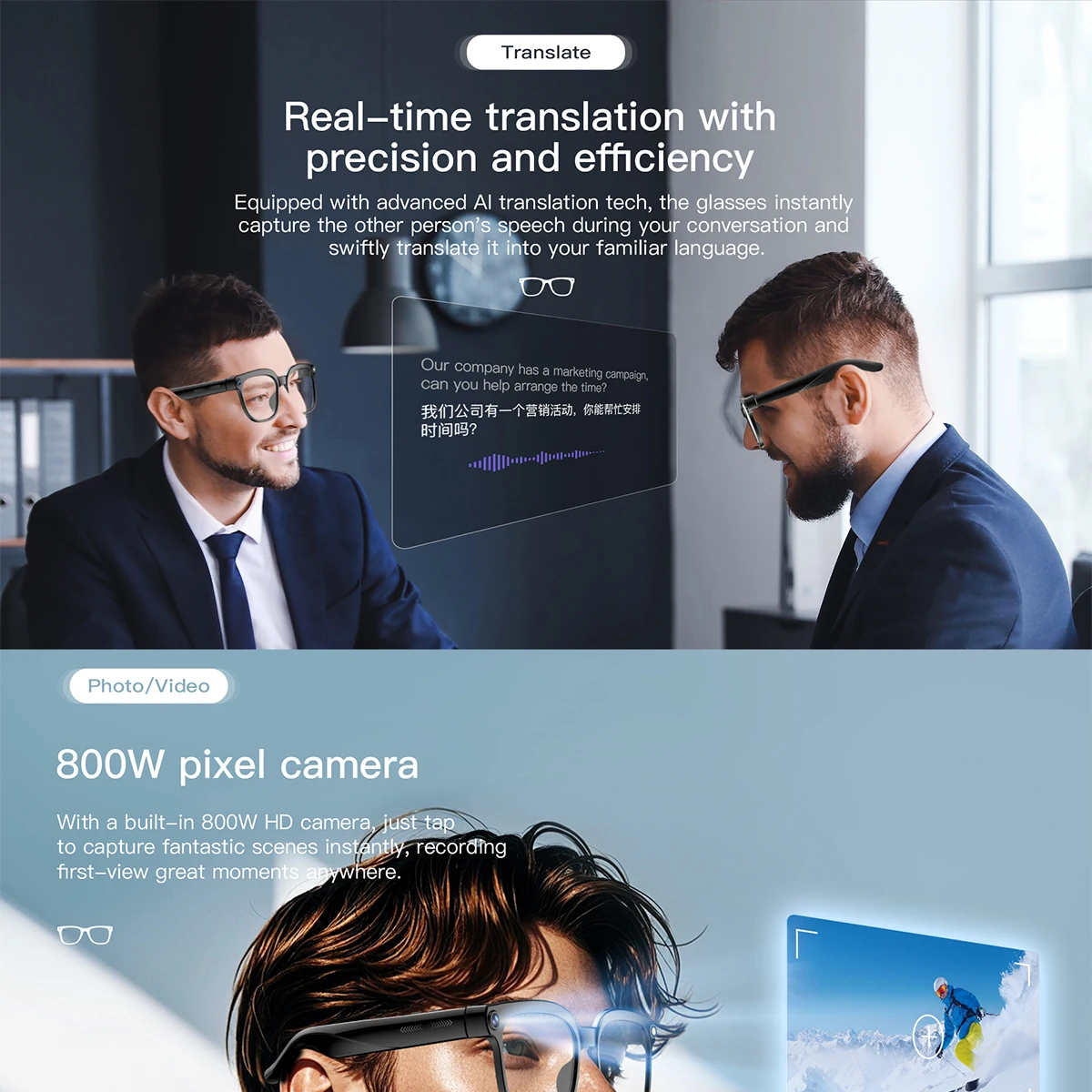 AI Smart Glasses Camera Glasses For Men HD 800W Pixels Multifunction Translation Bluetooth Music Touch Call Sports Sunglasses