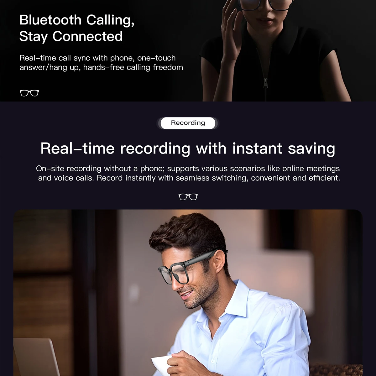 AI Smart Glasses Camera Glasses For Men HD 800W Pixels Multifunction Translation Bluetooth Music Touch Call Sports Sunglasses