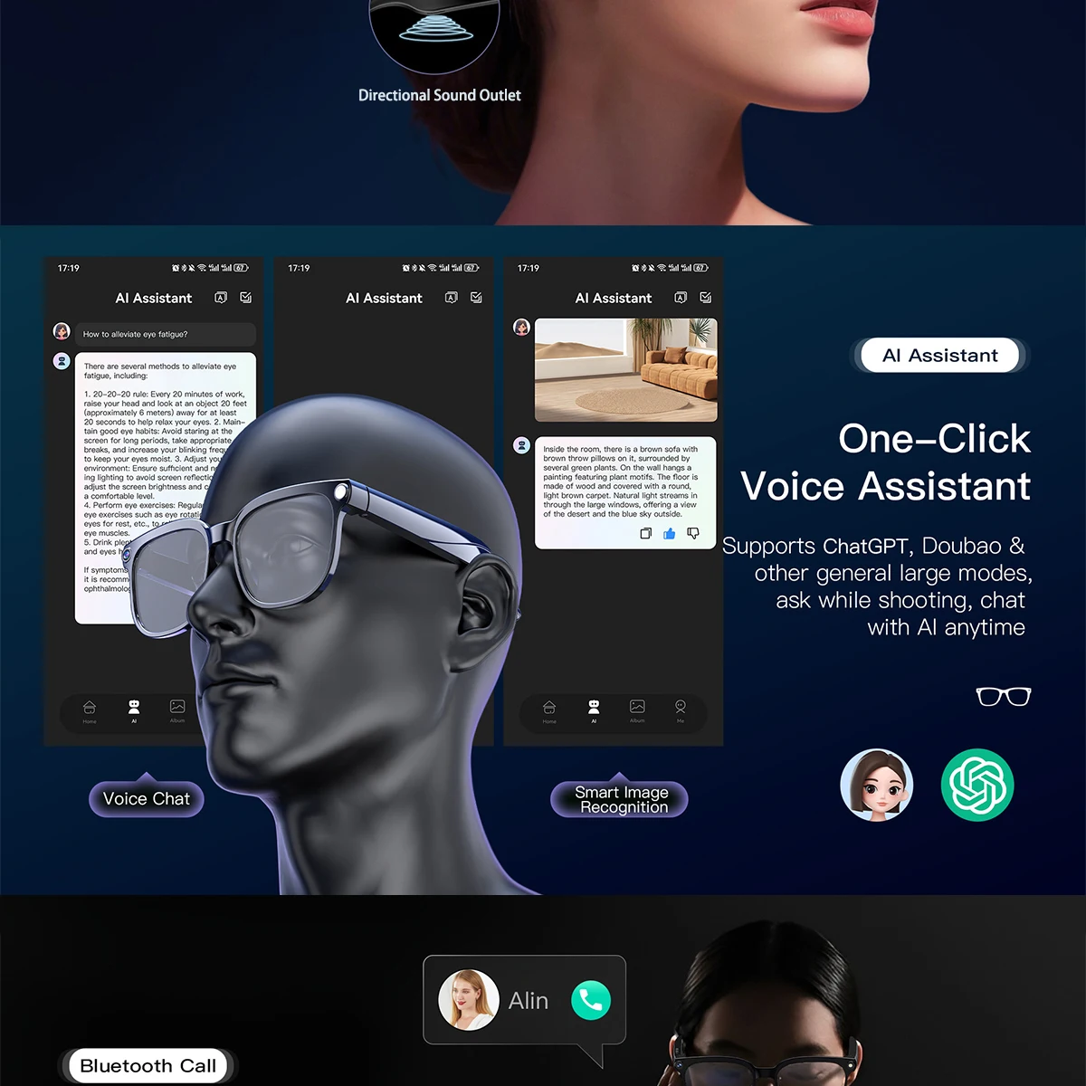 AI Smart Glasses Camera Glasses For Men HD 800W Pixels Multifunction Translation Bluetooth Music Touch Call Sports Sunglasses