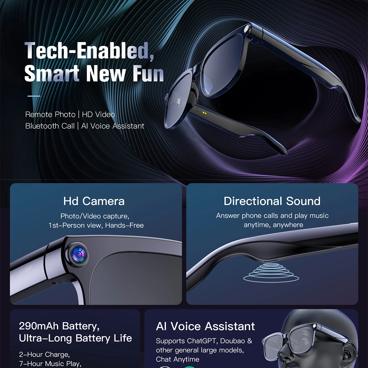 AI Smart Glasses Camera Glasses For Men HD 800W Pixels Multifunction Translation Bluetooth Music Touch Call Sports Sunglasses