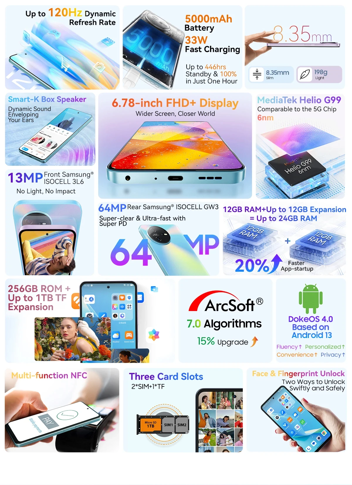 Blackview OSCAL TIGER 12 Smartphone 6.78'' 120Hz 2.4K Display Call Phone 8GB RAM+128GB ROM 64MP Telephon Portable Android 13 NFC