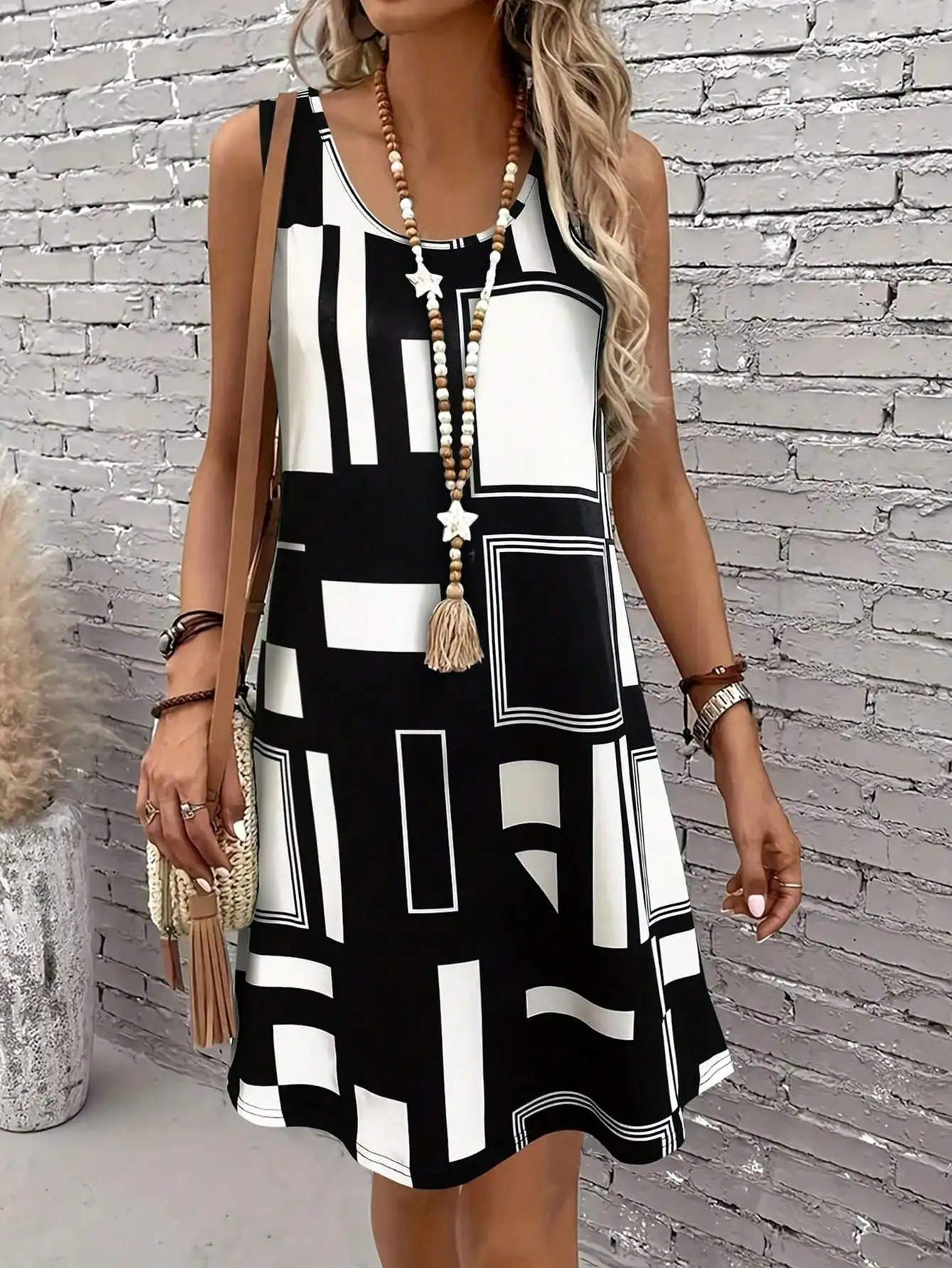 Geometric Pattern Sleeveless Dress For Women‘s Summer Clothes,Black Women Midi Dresses,daily dresses for women summer Geometric Pattern Sleeveless Dress For Women‘s Summer Clothes,Black Women Midi Dresses,daily dresses for women summer