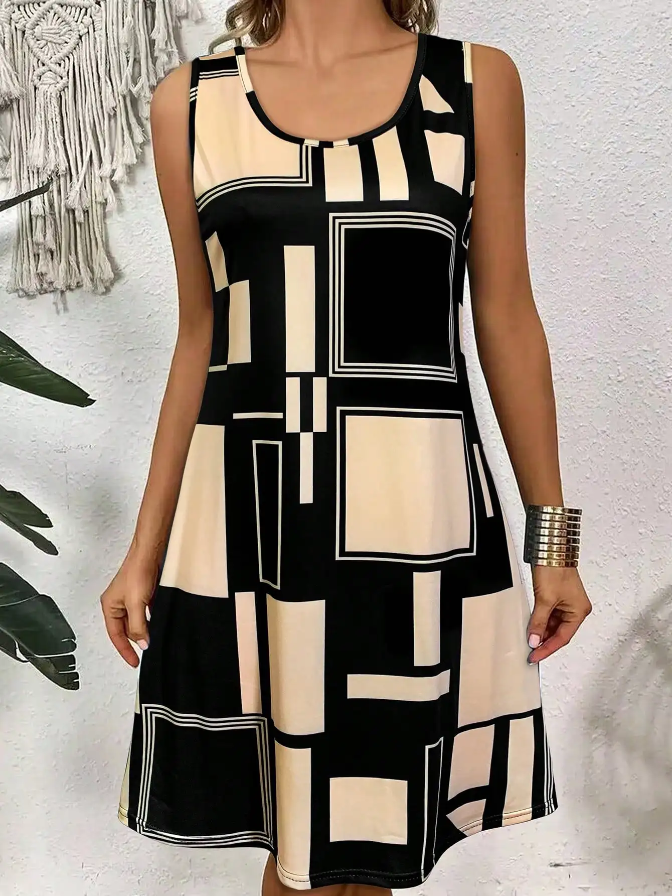 Geometric Pattern Sleeveless Dress For Women‘s Summer Clothes,Black Women Midi Dresses,daily dresses for women summer Geometric Pattern Sleeveless Dress For Women‘s Summer Clothes,Black Women Midi Dresses,daily dresses for women summer